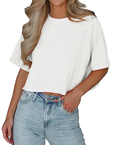 Imily Bela Tshirt Damen Sommer Kurzarm Basic Crop Tops Casual Oversize Sport Oberteile(Weiß, M) von Imily Bela