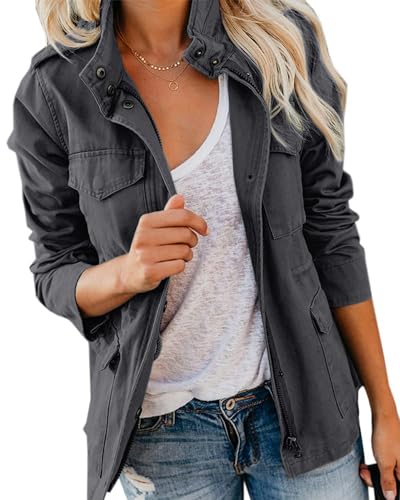 Imily Bela Übergangsjacke Damen Leichte sommerjacke Herbst Stehkragen Jacket Boyfriend Parka Sommerjacke Elegant leichte Jacke Kurzmantel(Dunkelgrau，M) von Imily Bela