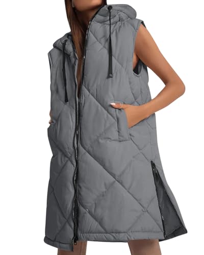 Imily Bela Weste Damen Steppweste Kapuze Vest Leichte Ärmellos Jacke Übergangs Westen Bodywarmer Längere Übergangsjacke Casual Longweste Oberbekleidung（Grau，M） von Imily Bela