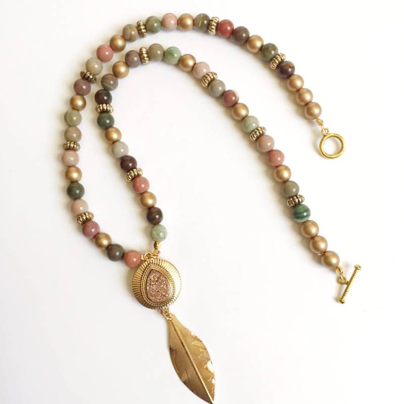 Orange Druzy Und Feder Anhänger Halskette, Schmuck, Halskette Orange Druzy Und Feder Anhänger Halskette, Schmuck, Halskette von Immeasurablymore2