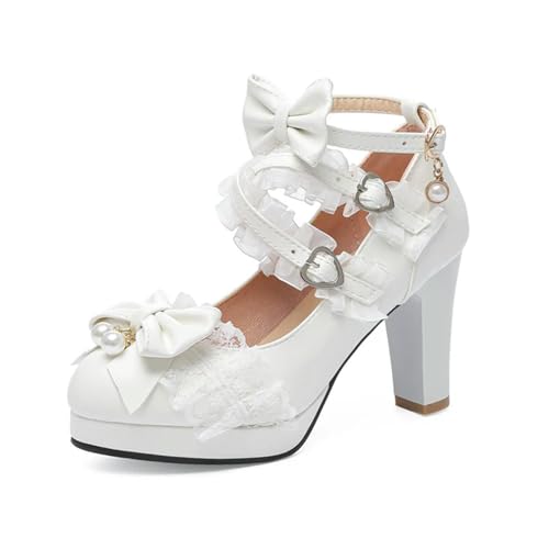 Sommer Fahion Damen Heels Plattform Niedliche Schleife Spitze Prinzessin Mary Jane Lolita Schuhe Party High Heel Schnalle Frauen Pumps Mädchen Süße Schuhe von Immemorialm