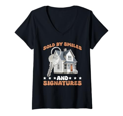 Damen Sold by Smiles and Signatures Immobilienmakler tätig - T-Shirt mit V-Ausschnitt Damen Sold by Smiles and Signatures Immobilienmakler tätig - T-Shirt mit V-Ausschnitt von Immobilienmakler Humor