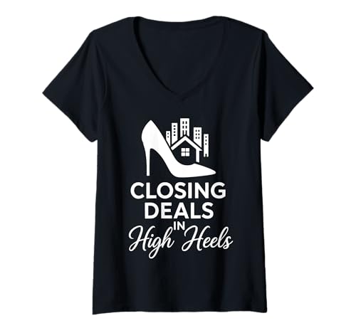 Damen Closing Deals In High Heels T-Shirt mit V-Ausschnitt von Immobilienmakler Immobilien Frauen Weiblich
