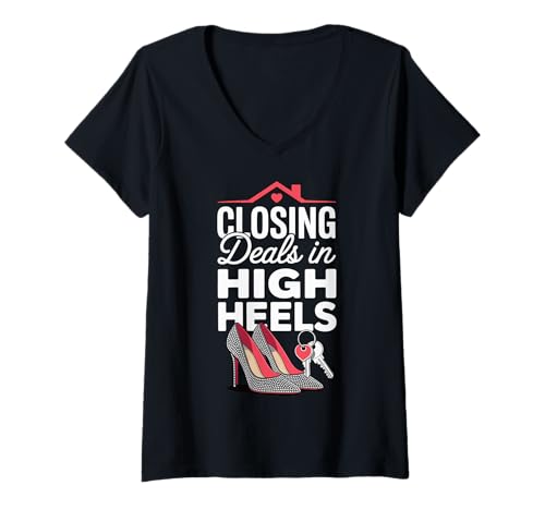 Damen Closing Deals In High Heels T-Shirt mit V-Ausschnitt von Immobilienmakler Immobilien Frauen Weiblich