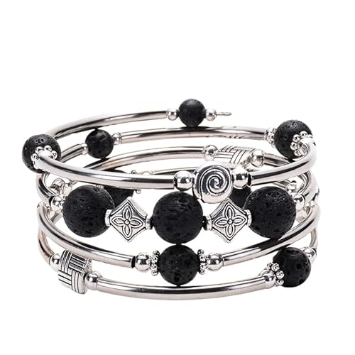 Imoncom Kunststein-Wickelarmband - Damen Mehrschicht-Armband aus künstlichem Stein mit Vulkanstein, Blauaderstein & Muschelperlen für den täglichen Tragen (schwarz) von Imoncom