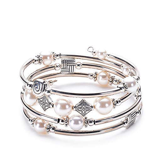 Imoncom Kunststein-Wickelarmband - Damen Mehrschicht-Armband aus künstlichem Stein mit Vulkanstein, Blauaderstein & Muschelperlen für den täglichen Tragen (weiß) von Imoncom