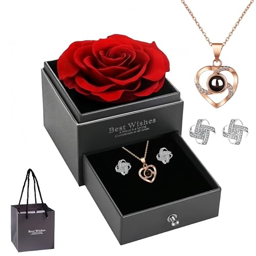 Imoncom Romantische Geschenkbox-Set mit Halskette und Roter Rose, Herz-Anhänger mit 100 Sprachen Projektion, 45+5cm Kette, Schmuckset für Valentinstag (Golden) von Imoncom