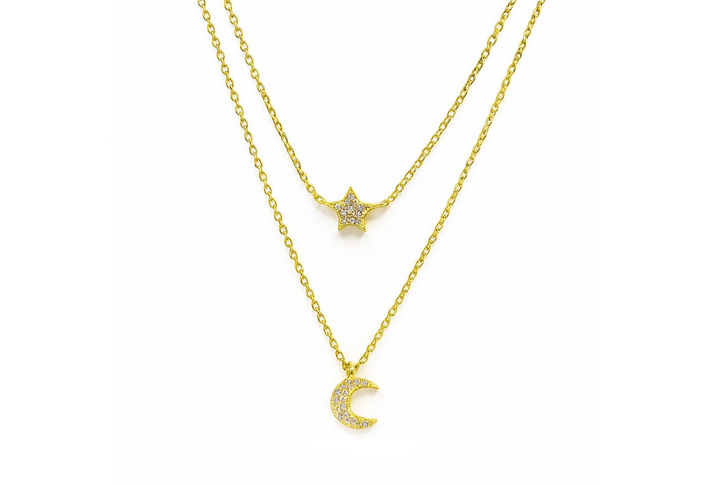 Impala Silberkette Vergoldete Layerkette „Luminara“ – Stern & Mond, 41 / 46+3 cm von Impala