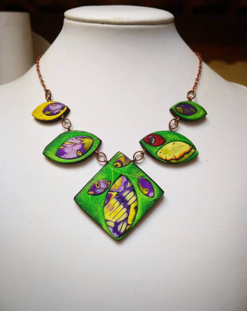 Polymer-Ton-Halskette, „Herbstgrün..", Einzelstück, Handgefertigt, Originelles Design, Mokume Polymer-Ton-Halskette, „Herbstgrün..", Einzelstück, Handgefertigt, Originelles Design, Mokume von ImpastArte