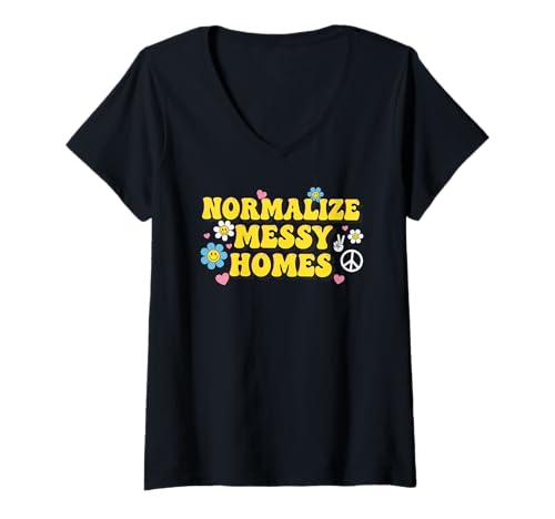 Damen Normize Messy Homes Retro Groovy Chaos Vibes T-Shirt mit V-Ausschnitt Damen Normize Messy Homes Retro Groovy Chaos Vibes T-Shirt mit V-Ausschnitt von Imperfect Home Pride Club Of Cozy Clutter Vibes