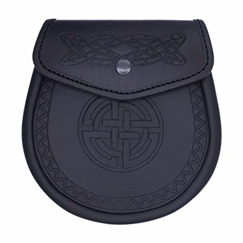 Halbkleid Kilt Sporran schwarzes Leder, keltische geprägte Sporrans, 3 Quasten mit Kettenriemen, schottisches traditionelles Halb, Schwarz von Imperial Kilt Products