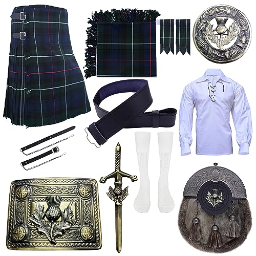 IKP Scottish Duncan Tartan KILT SET 10 PIECES - THISTLE KILT SPORRAN - FLYPLAID & BROOCH - KILT BELT & BUCKLE - KILT SOCKS & FLASHES - JACKOBITE GHILLIE SHIRT, Duncan Tartan, Belly Button Waist 38" von Imperial Kilt Products