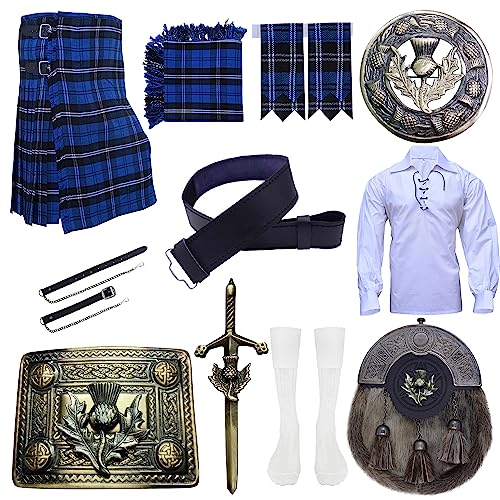 IKP Scottish MacLACHLAN TARTAN KILT SET 10 PIECES - THISTLE KILT SPORRAN - FLYPLAID & BROOCH - KILT BELT & BUCKLE - KILT SOCKS & FLASHES - JACKOBITE GHILLIE SHIRT, Ramsay Blue, Belly Button Waist 32" von Imperial Kilt Products