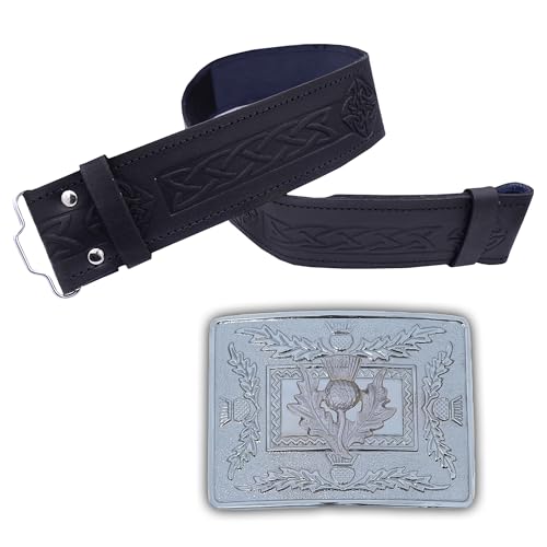 Kilt-Gürtel und Schnallen-Set – Leder-Kilt-Gürtel für Herren mit keltischem geprägtem Design – Schottische Distelschnalle in Antik-Finish für Heritage-Kleidung – ideal für Kilt-Kleidung, Chrom-Finish von Imperial Kilt Products