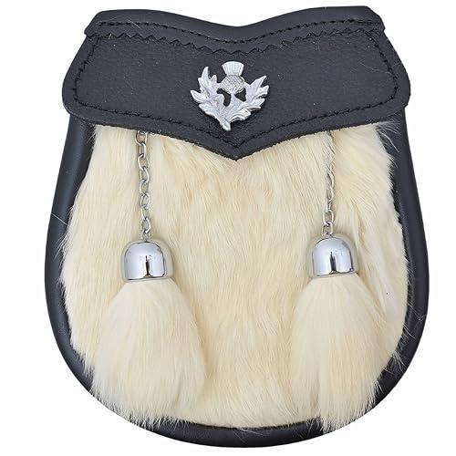 Premium Leder Kinder Kilt-Sporran – schwarzes Fell zwei Quasten, echte schwarze Ledertasche – Distelwappen Abzeichen mit Kettengürtel – authentisches schottisches Geschenk, Weißes Fell, Standard von Imperial Kilt Products