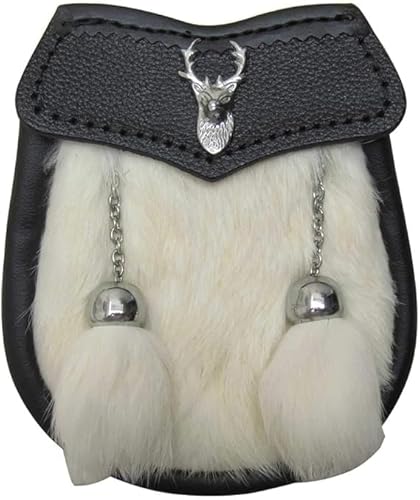 Premium Leder Kinder Kilt-Sporran – schwarzes Fell zwei Quasten, echte schwarze Ledertasche – Distelwappen Abzeichen mit Kettengürtel – authentisches schottisches Geschenk, Weißes Fell, Standard von Imperial Kilt Products