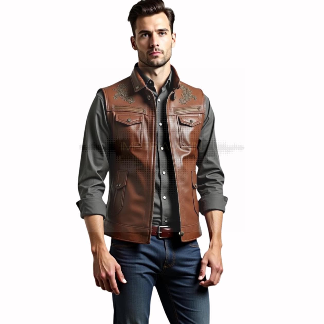 Classic Trendy Men's Brown Leather Vest With Embroidery - Premium Fashionable Vest - Stylish Western Classic Trendy Men's Brown Leather Vest With Embroidery - Premium Fashionable Vest - Stylish Western von ImperialSkin