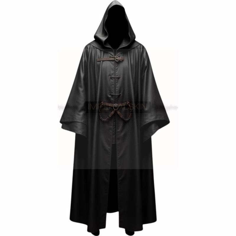 Cosplay Black Hooded Cloak With Medieval Design - Elegant Mystic Dark Fastenings - Gothic Hood & Belt von ImperialSkin