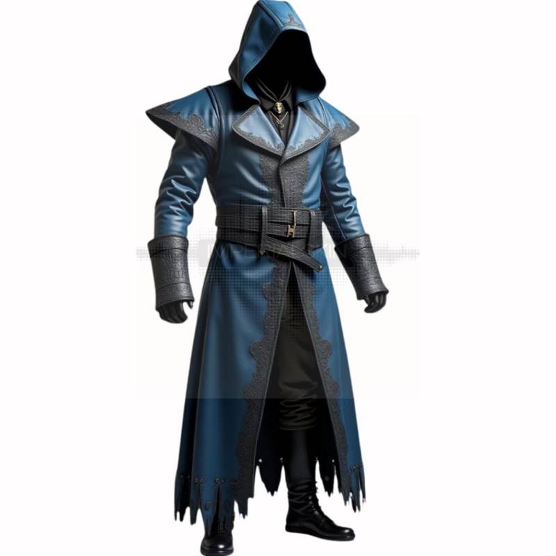 Cosplay Blue Hooded Leather Coat With Black Trim - Handcrafted Trench Frayed Hem -Medieval-Inspired Decorative Fringe von ImperialSkin