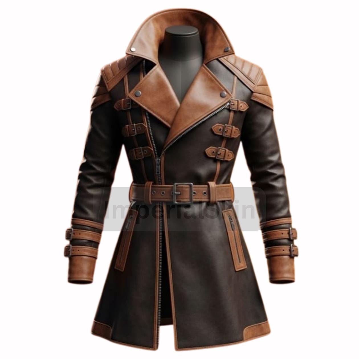 Cyberpunk Brown N Black Leather Coat With Straps Padding - Cosplay High Collar Buckled Handmade Steampunk Jacket - Statement Gear von ImperialSkin