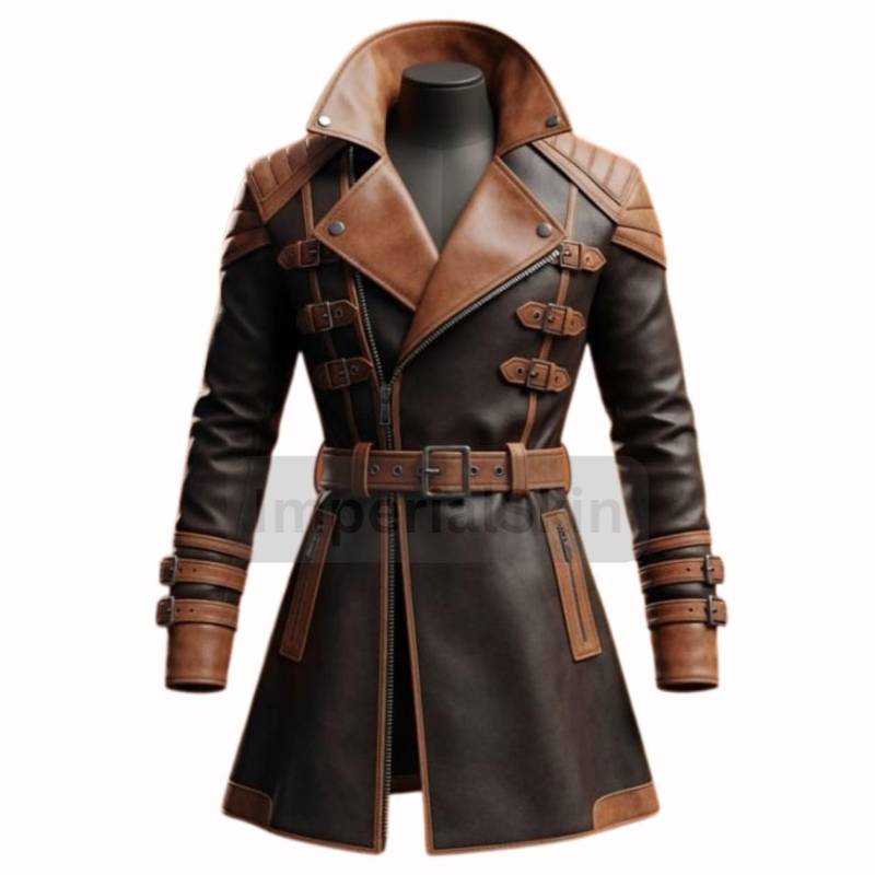Cyberpunk Brown N Black Leather Coat With Straps Padding - Cosplay High Collar Buckled Handmade Steampunk Jacket - Statement Gear von ImperialSkin