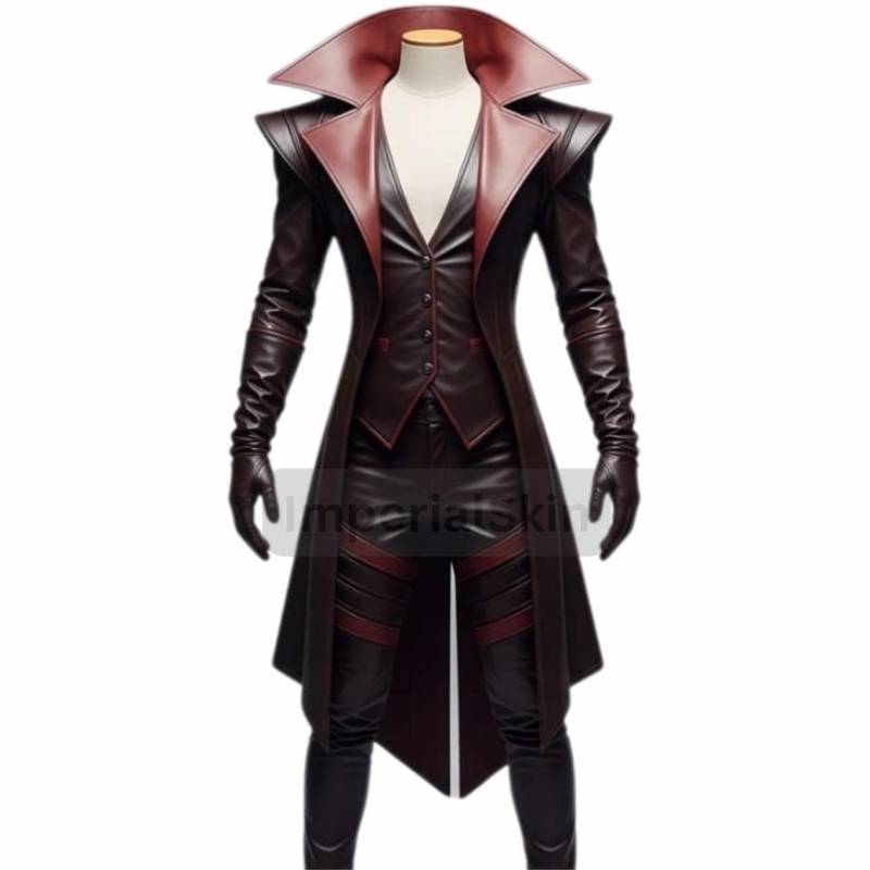Cyberpunk High Collar Cosplay Futuristic Leather Coat With Matching Pants - Gothic Dark N Vest Set Red Accents-Sci Fi Style von ImperialSkin