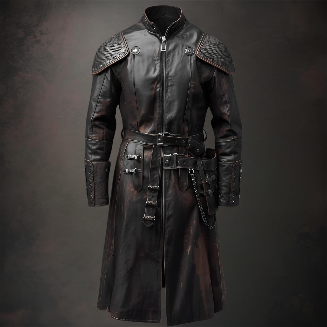 Genuine Gothic Leather Warrior Coat - Handmade Long Tactical Jacket With Cosplay Armor Chains & Buckles von ImperialSkin