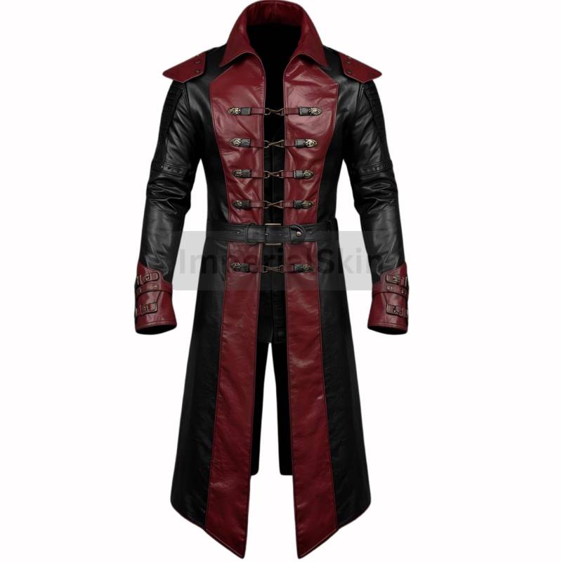 Red Black Leather Trench Coat With Buckle Cuffs & Metal Clasps - Gothic Steampunk von ImperialSkin