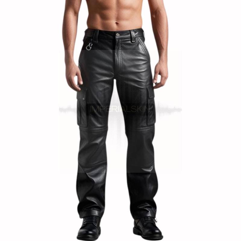 Trendy Men's Leather Cargo Pants With Metal Ring Accent - Handcrafted Black Utility Stylish Pockets von ImperialSkin