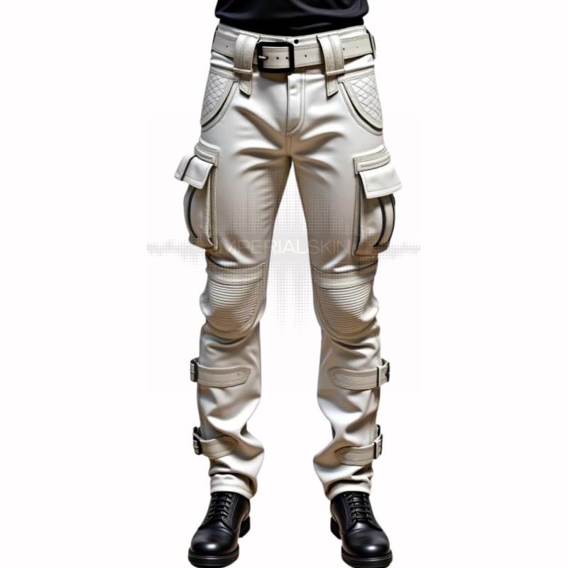 White Men's Tactical Cargo Pants With Straps & Pockets - Quilted Buckles Detailed Stitching von ImperialSkin