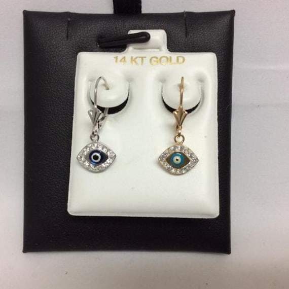 14K Gelb/Weiß Echt Gold Evil Eye Cz Baumelnde Frauen Kinder Ohrringe Liverback Sicher von ImpressedJewelry1