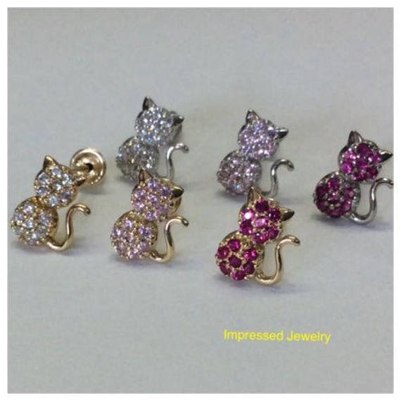 14K Gelb/Weiß Echt Gold Frauen Mädchen Micro Pave Cat Kitty Farbe Cz Schraube Zurück Ohrstecker von ImpressedJewelry1