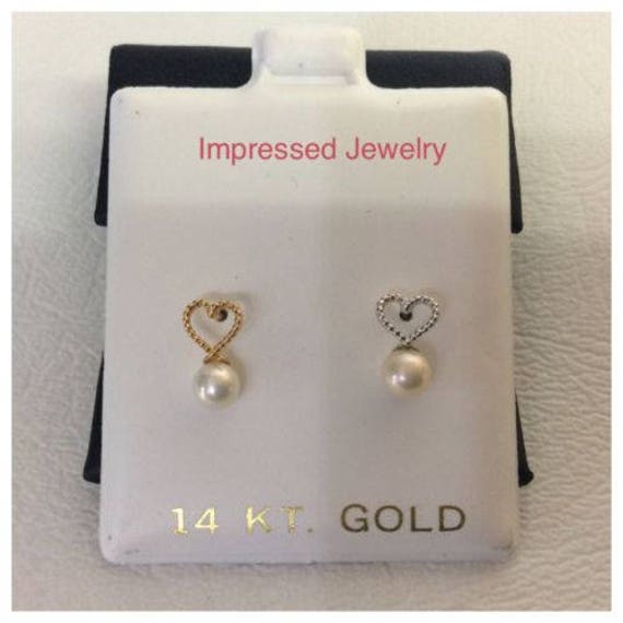 14K Gelb/Weiß Echtgold Süßwasser Herz Perle Schraube Zurück Bolzenohrring Mädchen von ImpressedJewelry1