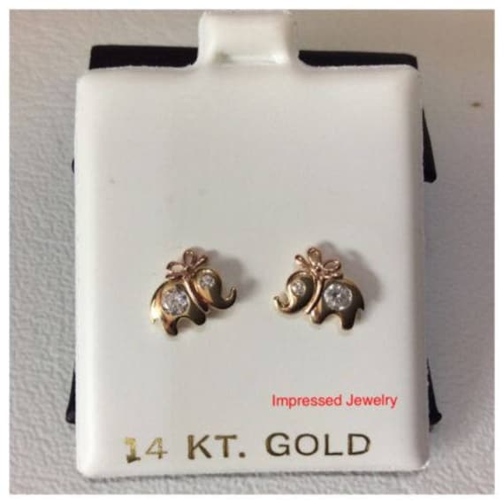 14K Gelb Echt Gold Elefant Mit Bow Bolzen Glänzend Cz Ohrringe Baby Kinder Schraube Zurück von ImpressedJewelry1