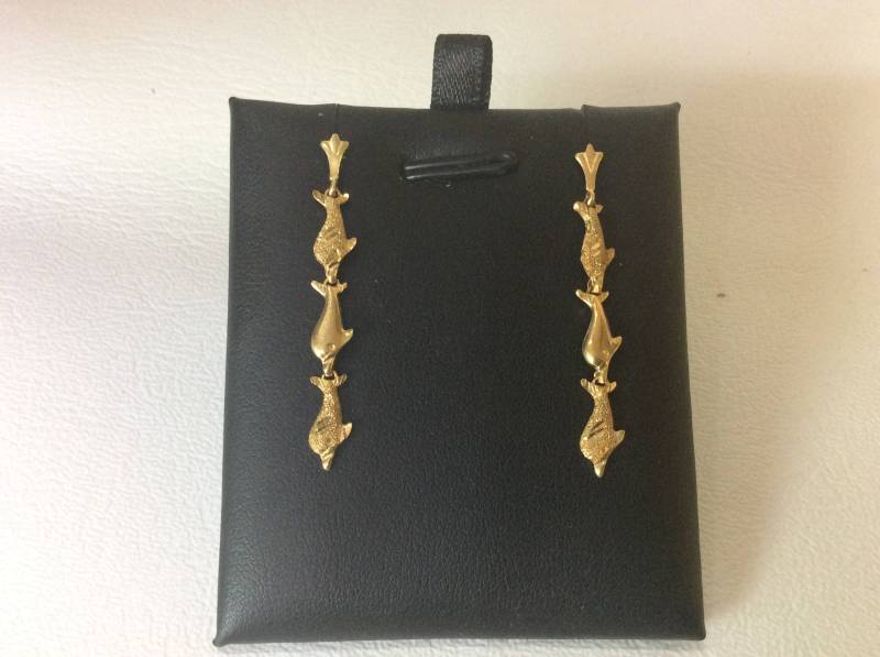 14K Gelb Echt Gold Hängen Tropfen Delphin Frauen Mädchen Drücken Ohrstecker Zurück von ImpressedJewelry1