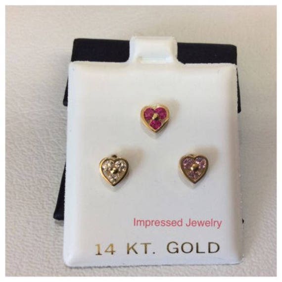 14K Gelb Echt Gold Herz Lünette 6 Mm Schraube Zurück Stud 3 Steine Ohrstecker Kinder Frauen von ImpressedJewelry1