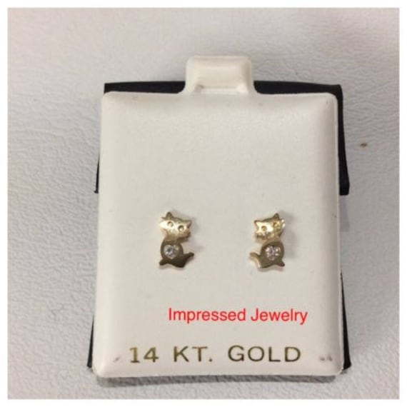14K Gelb Echt Gold Kitty Kätzchen Katze Ohrstecker Herz Cz Ohrringe Kinder von ImpressedJewelry1