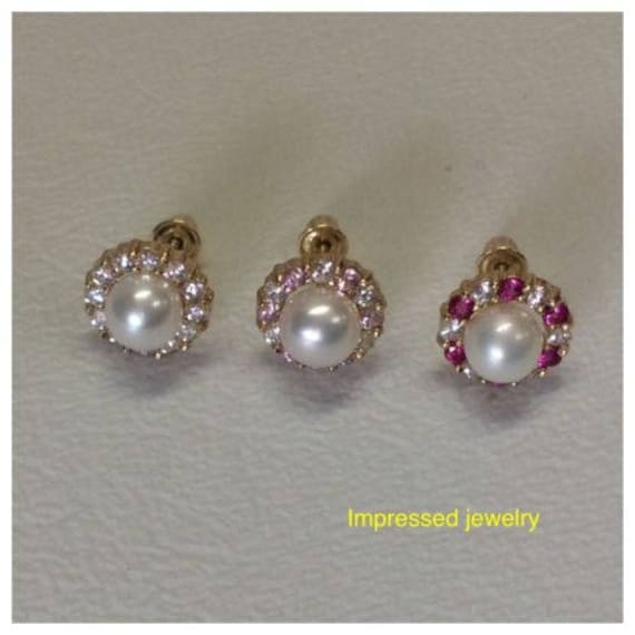 14K Gelb Echtgold 5 Mm Zuchtperle Mit Farbe Cz Cubic Screwback Halo Ohrstecker Frauen Kinder von ImpressedJewelry1
