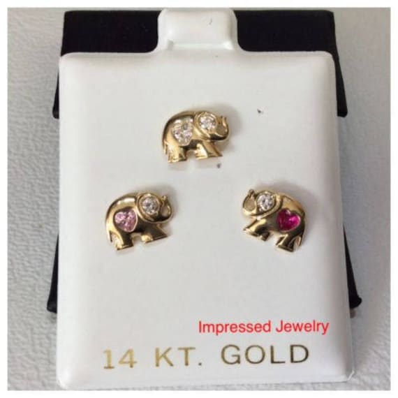 14K Gelb Echtgold Elefant Post Ohrstecker Herz Farbe Cz Ohrringe Frauen Baby Kinder Schraube Zurück von ImpressedJewelry1