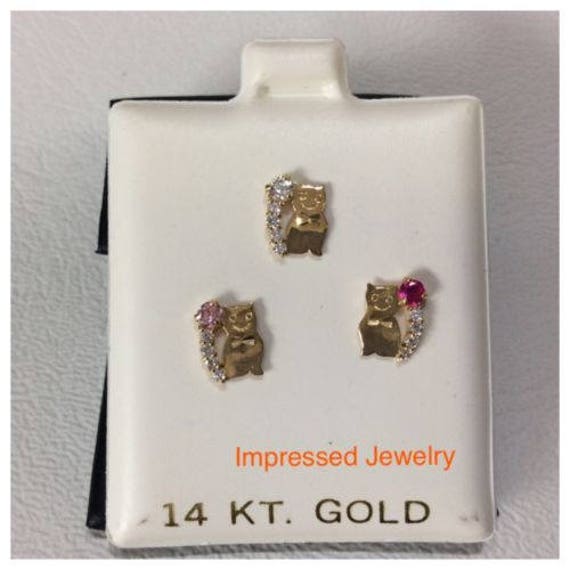 14K Gelb Echtgold Kitty Kätzchen Katze Ohrstecker Herz Farbe Cz Screwback Ohrringe Kinder Frauen von ImpressedJewelry1