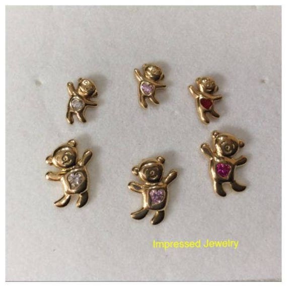 14K Gelb Echtgold Teddybär Mit Herz Stein Cz Kinder Frauen Ohrstecker Screwback von ImpressedJewelry1