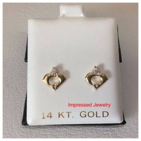 14K Gelbgold Poliert Herz Delfine Cz Post Ohrstecker Kinder Baby Ohrring Screwback von ImpressedJewelry1