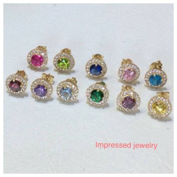 14K Real Gold Frauen/Kinder 12 Monate Birthstone Runde Halo Stud Push Back Ohrringe von ImpressedJewelry1