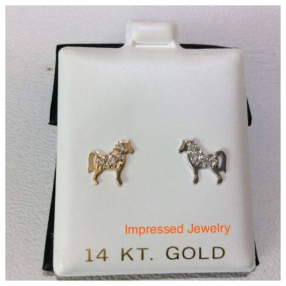 14K Solid Gelb/Weiß Echtgold Pony Pferd Kinder Cz Schraube Zurück Ohrstecker von ImpressedJewelry1