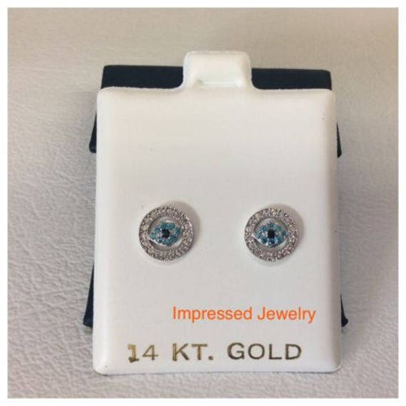 14K Weiß Gold Evil Eye Cz Ohrstecker Frauen Kinder Ohrringe Schraubverschluss Sicher von ImpressedJewelry1