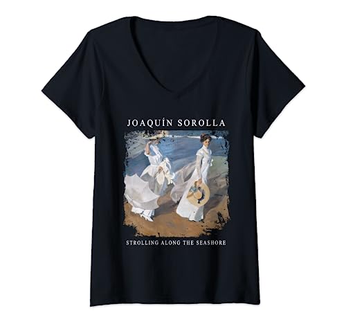 Damen Spaziergang entlang der Küste von Sorolla T-Shirt mit V-Ausschnitt Damen Spaziergang entlang der Küste von Sorolla T-Shirt mit V-Ausschnitt von Impressionistische Gemälde