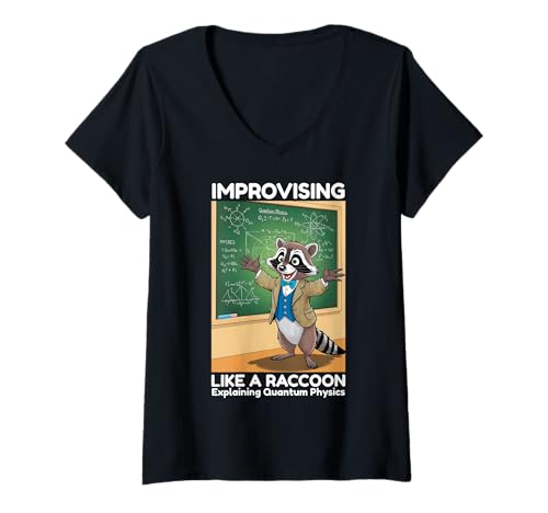 Damen Lustiger Waschbär Improvising Meme Quantum Physics Math Men Boys T-Shirt mit V-Ausschnitt von Improv New Career Teacher Funny Learn on Job