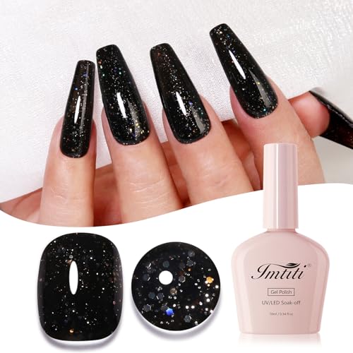 Imtiti Glitzer UV Nagellack, Schwarz Schillernder Glitter Gel Nail Polish Soak Off Led UV Diamant Schimmer Glitzer UV Gel Nagellack Starter Maniküre Gel Nagellack Kit 10ML von Imtiti