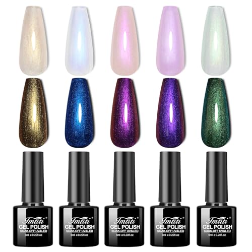 Imtiti Pearl UV Nagellack Set- 5 Farben Transparent Pearl Effect Glitzer Gel Nagellack Blau Lila Rose Gold Grün Mermaid Perlmutt Schimmer Gel Nail Polish mit schwarzem Gellack Soak Off UV Led 6ML von Imtiti