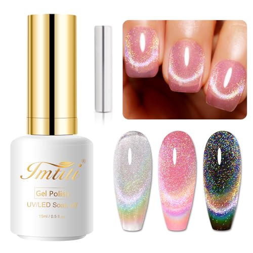 Imtiti Rainbow Color Gel Nail Polish,15ML Holographic 9D Cat eyes Glitter Magnetic Gel Polish UV Gel Nail Polish with Magnetic Stick for Nail Salon von Imtiti